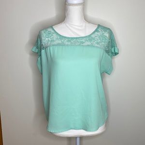 Forever 21 Teal Sheer Short Sleeve Top With Lace